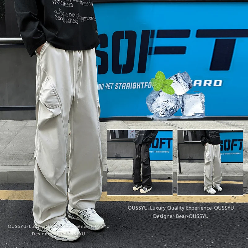 Brand Clothing Men's Outdoor Waterproof Wrinkle Patchwork Cargo Pants Baggy Straight Multi-Pocket Hiking Sweatpants Plus Size