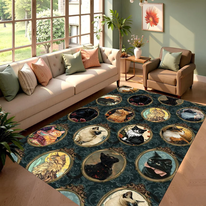 Retro Black Cat Print Rug, Gothic Kitten Pattern Area Rug, Cute Pet Carpet for Living Room Bedroom