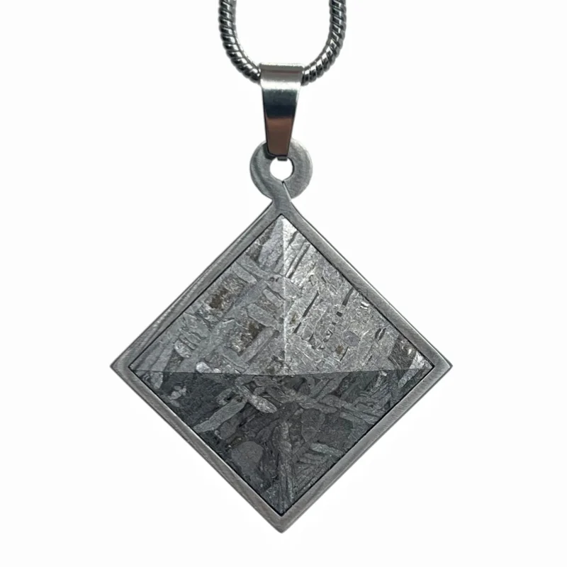 Muonionalusta Iron Meteorite Diamond Shape Framed Pendant Natural Space Rock Necklace Charm Collectible Jewelry Gift -LK664