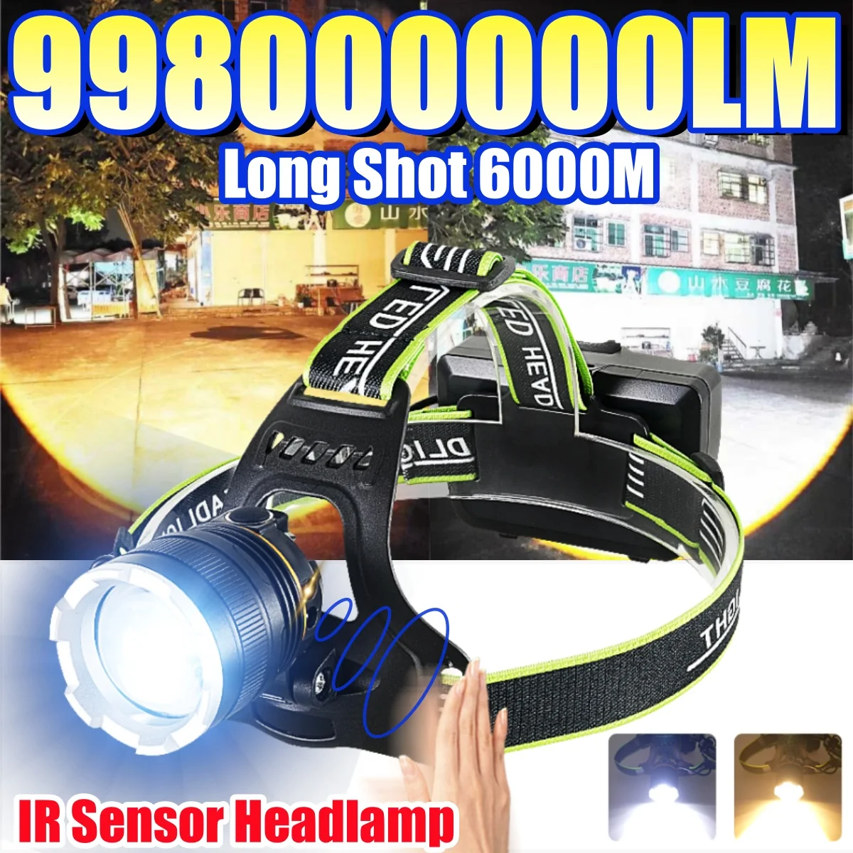 Powerful IR Sensor Headlamp LED Headlamp White+Yellow Light USB Rechargeable Zoomable Headlight Fishing Camping Hunting  Light