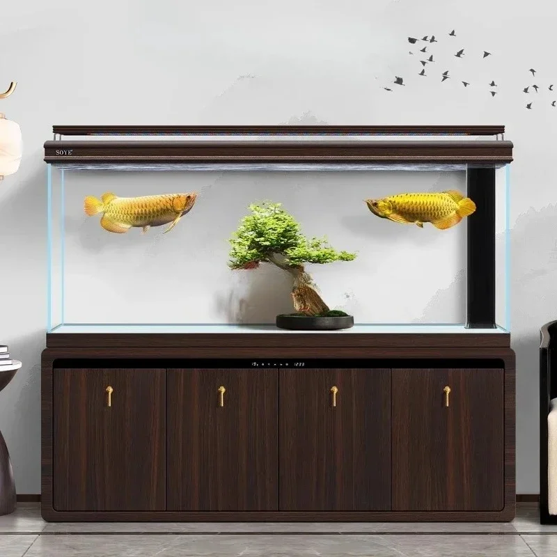 09Living room large ultra-white aquarium solid wood bottom filter screen floor-to-ceiling Chinese home