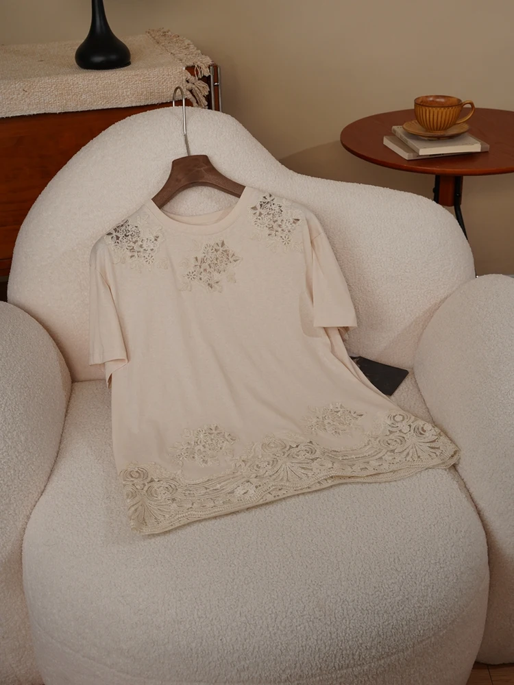 

Romantic Sle Cotton Polyester Splice Lace Soft Comfortable Loose round Ne Comfortable Apricot ort Sve T-irt Women