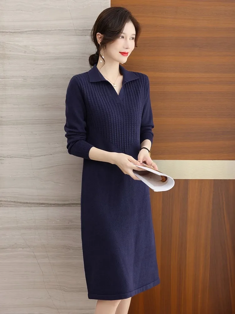 Oversize Women Knitting Sweater Dress For Spring Autumn 2024 New Casual Turn Collar Pullover Solid Patchwork Slim Female Dresses