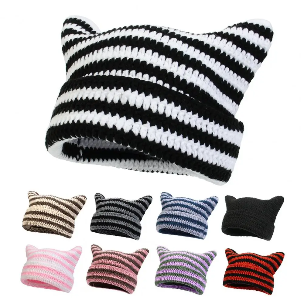 Autumn Winter Women Men Knitting Cap Cute Striped Cat Ear Hat No Brim Thickened Stretchy Headwear Wool Yarn Knitted Beanie Hat