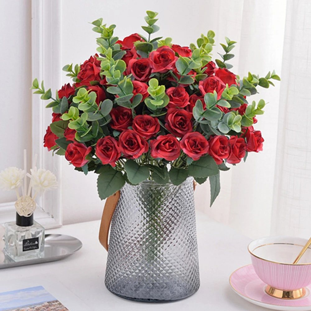 Künstliche Eukalyptus-Rosenblumen, UV-Schutz, Braut-Hochzeitsstrauß für Wohnzimmer, Tisch, Heimdekoration, gefälschte Rosenblume