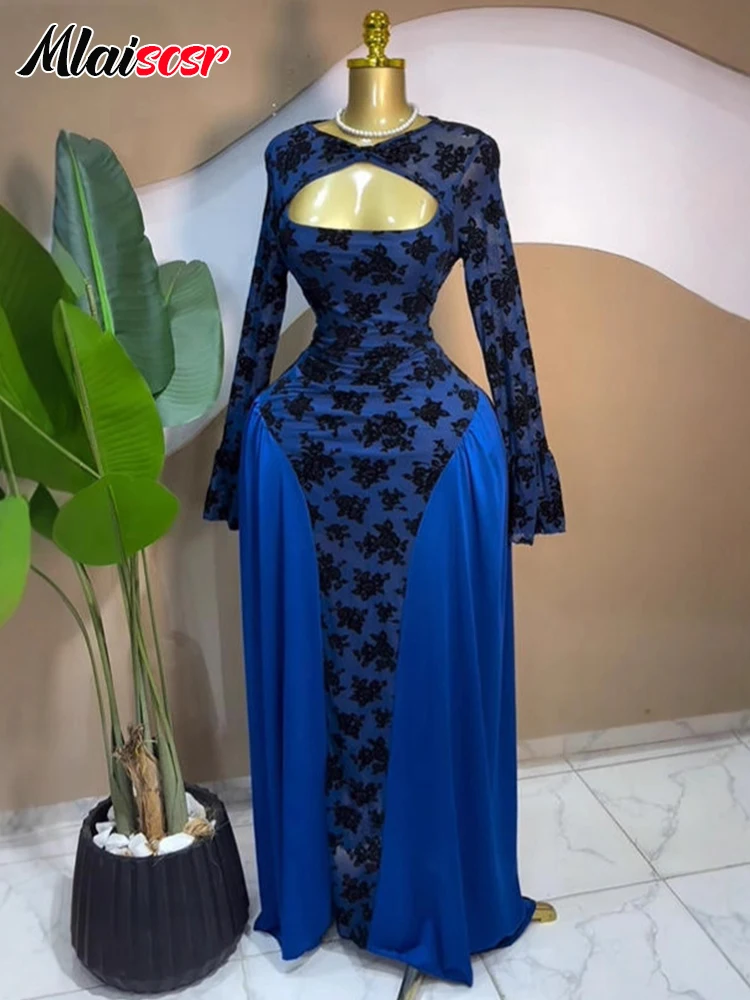 Sukienka maxi w kształcie litery A, z długim rękawem, z kwiatowym patchworkiem, ażurowa, niebieska, damska, na wieczorne przyjęcie, urodziny, festiwal, afrykańska, jesienna.