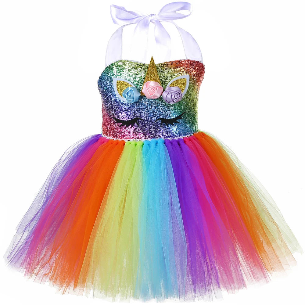 Girls Unicorn Dress LED Light Up Rainbow Sequins Birthday Party Princess Tutu Dress Christmas Halloween Costume for Kids Clothes