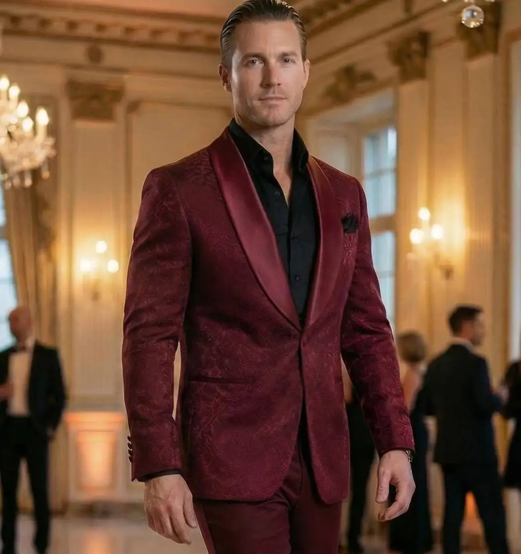 

Groomsmen burgundy Pattern Groom Tuxedos Shawl Satin Lapel Men Suits 2 Pieces Wedding Bridegroom