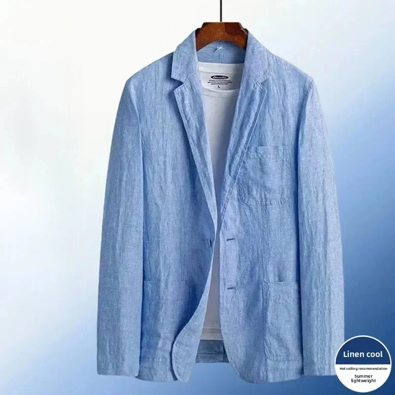 Spring Summer Men Linen Look Single Breasted Blazer Jacket, Thin Breathable Business Office Daily Casual Suit Coat
