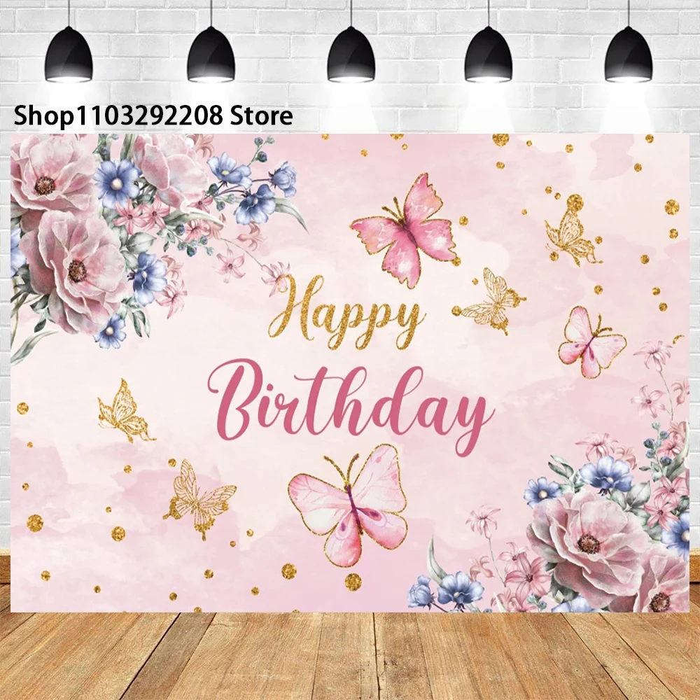 Dreamy Butterfly Theme Photography Child Birthday Party Baby Shower Purple Flowers Banner Background Decoration Photo Studio