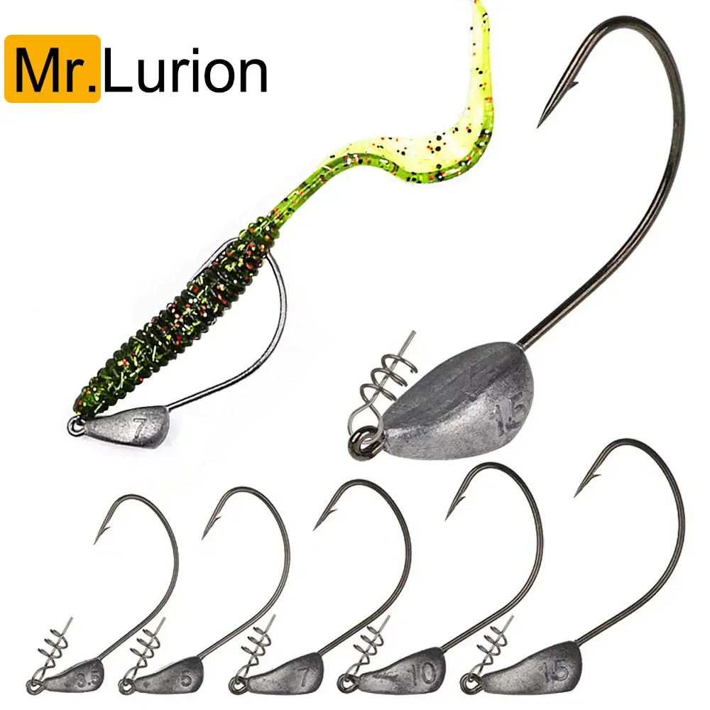 Mrlurion 3.5g 5g 7g 10g 15g 21g 소프트 웜 루어 미끼 용 지그 헤드 낚시 후크 태클, 스핀 잠금 핀 스피너 루어 후크 포함