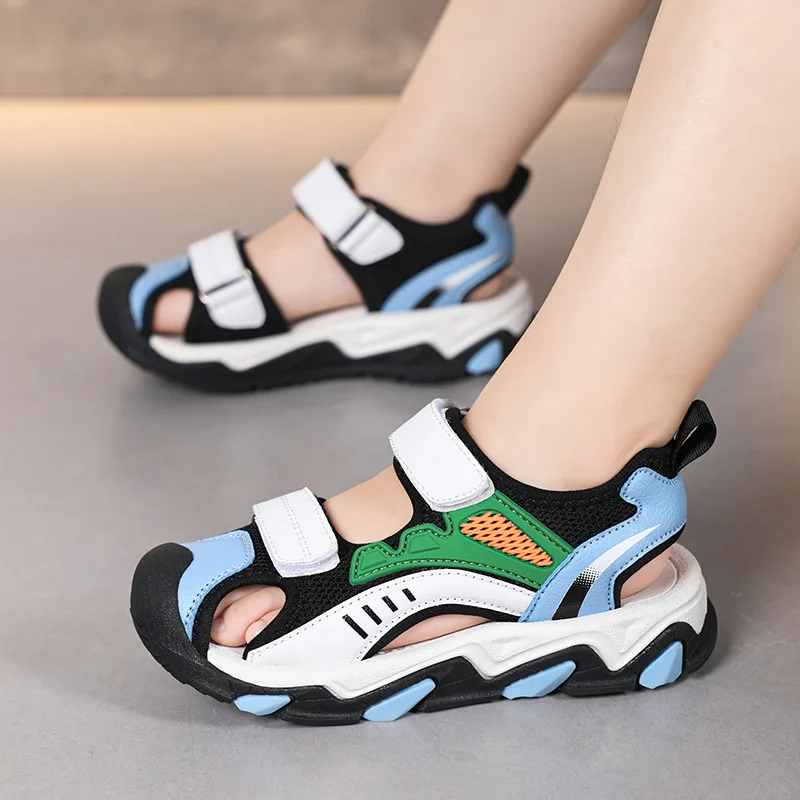 2024 Summer Breathable Sport Sandals Boys Girls Casual Beach Shoes Fashion Hollow Kids Sandals Children Soft Sole Non-slip Flats