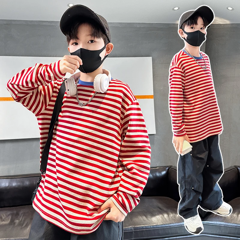 

Kids Long Sleeve T-Shirt Boys Spring Autumn Striped Top Child Casual Fashion Korea-Japan Style Size 4-14Y Baby Boy Top Clothes