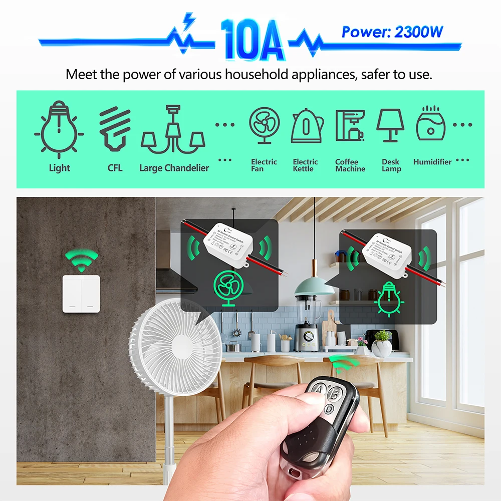 Wireless Remote Control Smart Light Switch RF 433MHz 110V 220V 10A Mini Receiver Module,50m Transmitter,for Lamp LED Fan ON/OFF