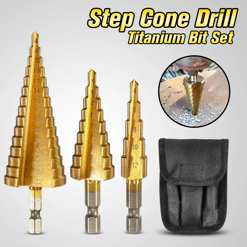 

3Pcs 1/4 Inch Hex Shank HSS Titanium Coated Step Drill Bit Set 4-12/4-20/4-32mm in Pouch