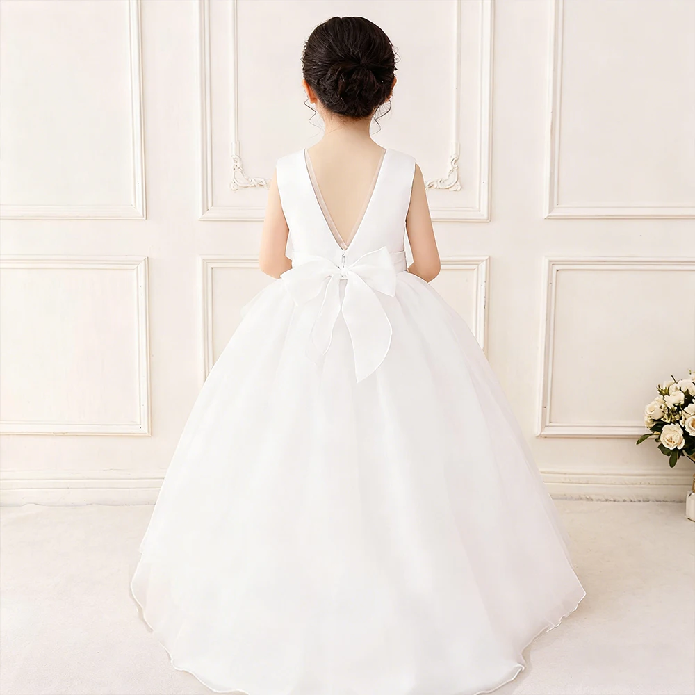 

Белое платье для крещения для девочек, свадебное платье с хвостом, платье принцессы с открытой спиной и бантом для девочек, костюм для первого причастия, платье на день рождения