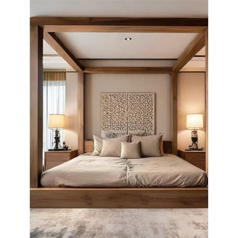 New Chinese style high-grade shelf bed solid wood four-column double wabi sandy wind antique style