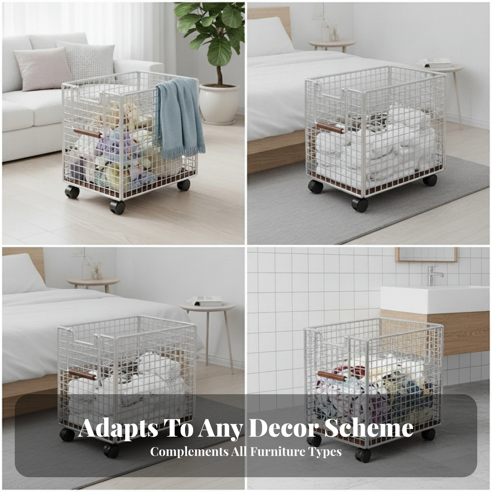 Wheeled Laundry Basket Wood Grip Rolling Laundry Hamper Rolling Clothes Basket Easy to Move Household Storage Handle