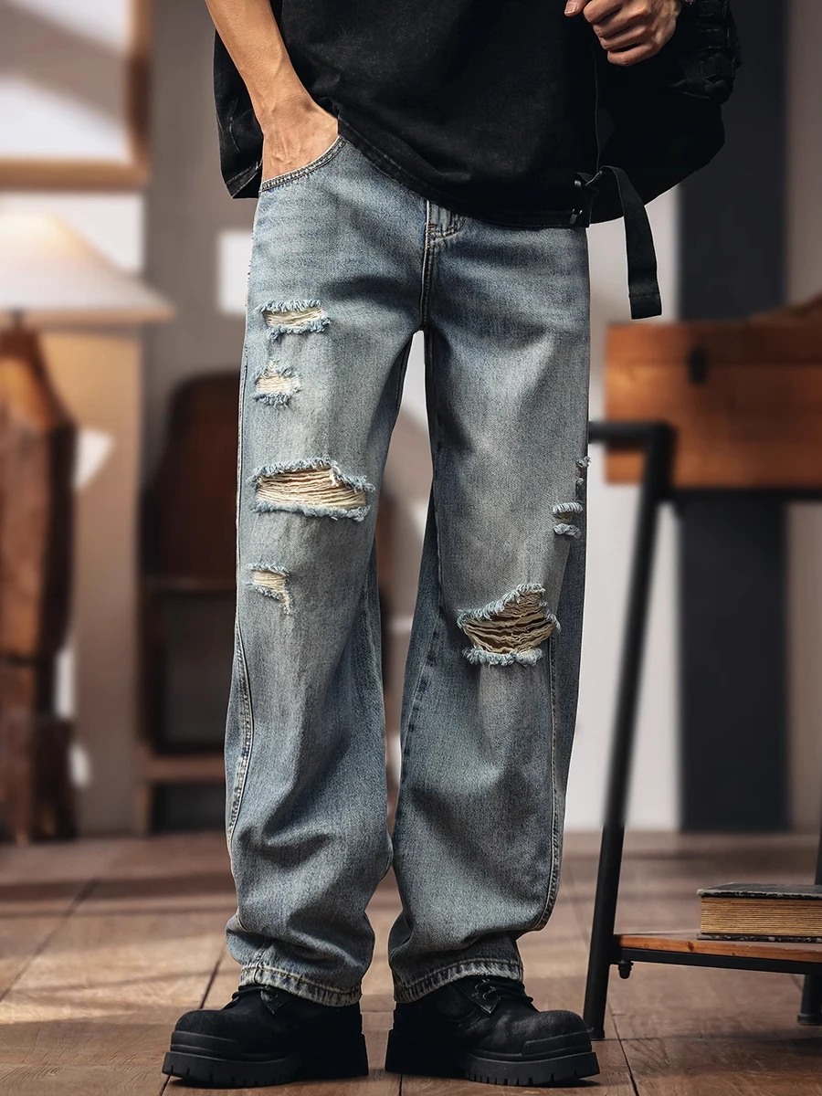 

Мужские джинсы большого размера в стиле ретро, новые летние свободные широкие брюки с прямым вырезом, модные синие джинсовые повседневные брюки