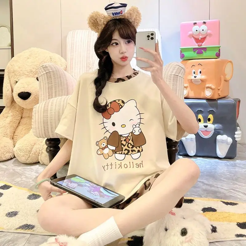 

Милая пижама Sanrio Hello Kitty, летняя одежда для сна, шорты, пижама с короткими рукавами, ночная одежда с милым мультяшным леопардовым принтом, домашняя одежда