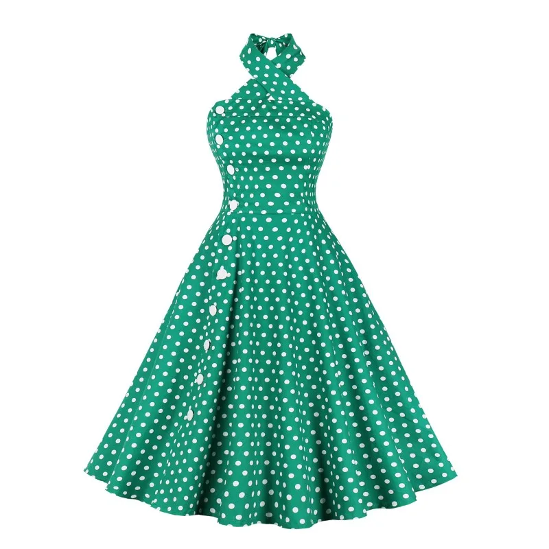 

2024 New Harajuku Vintage Audrey Hepburn Style 50s Slim Dress Fashion Hanging Neck Cross Neck Sexy Polka Dot Mid Length Dresses