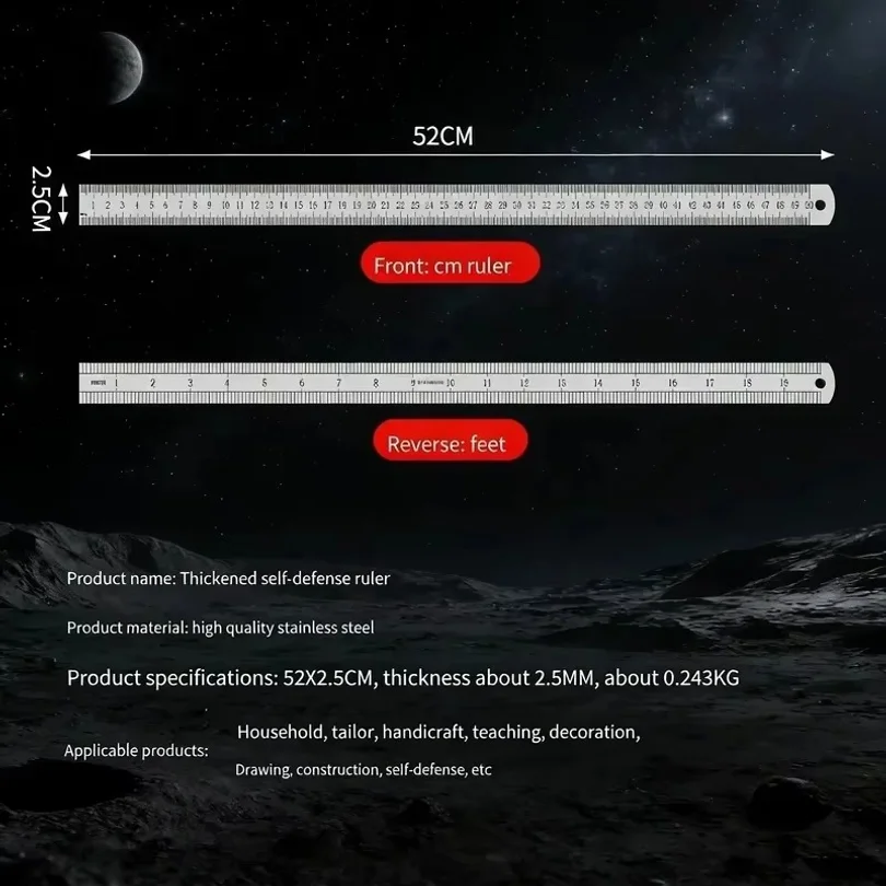 2.5mm Forged Longquan Steel Ruler 50cm Thickened Multi‑Purpose Car Tool for Measuring & Daily Self‑Defense