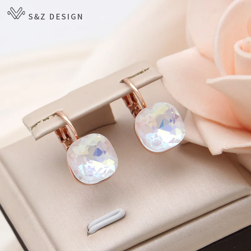 S&Z DESIGN New Fashion Square Colorful Crystal Dangle Earrings For Women Wedding 585 Rose Gold Color Jewelry Eardrop