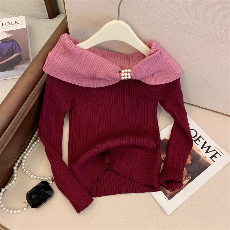 2024 New Spring Autumn Clothes Knitted Sweater Women Slash Neck Pearl Beading Color Block Long Sleeve Slim Tops Pullover 41925