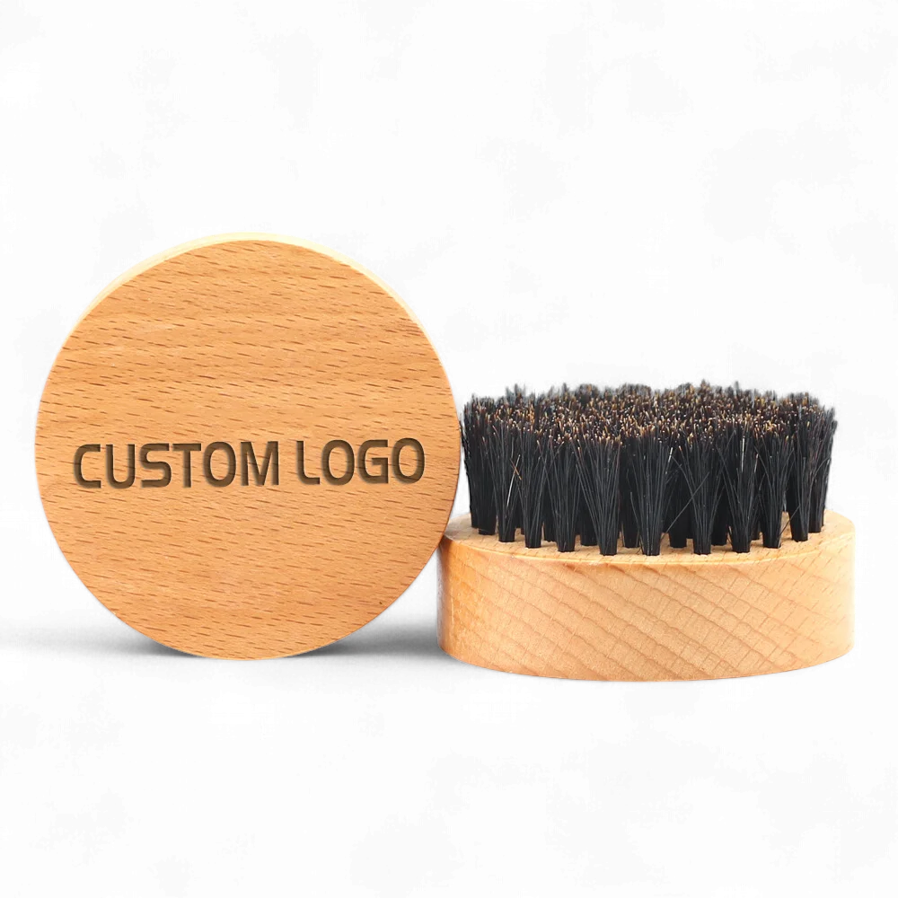 50 Pieces Customized Logo Beard Brush 100% Boar Bristles & Round Wood Handle Men's Facial Hair Mustache Grooming Brush