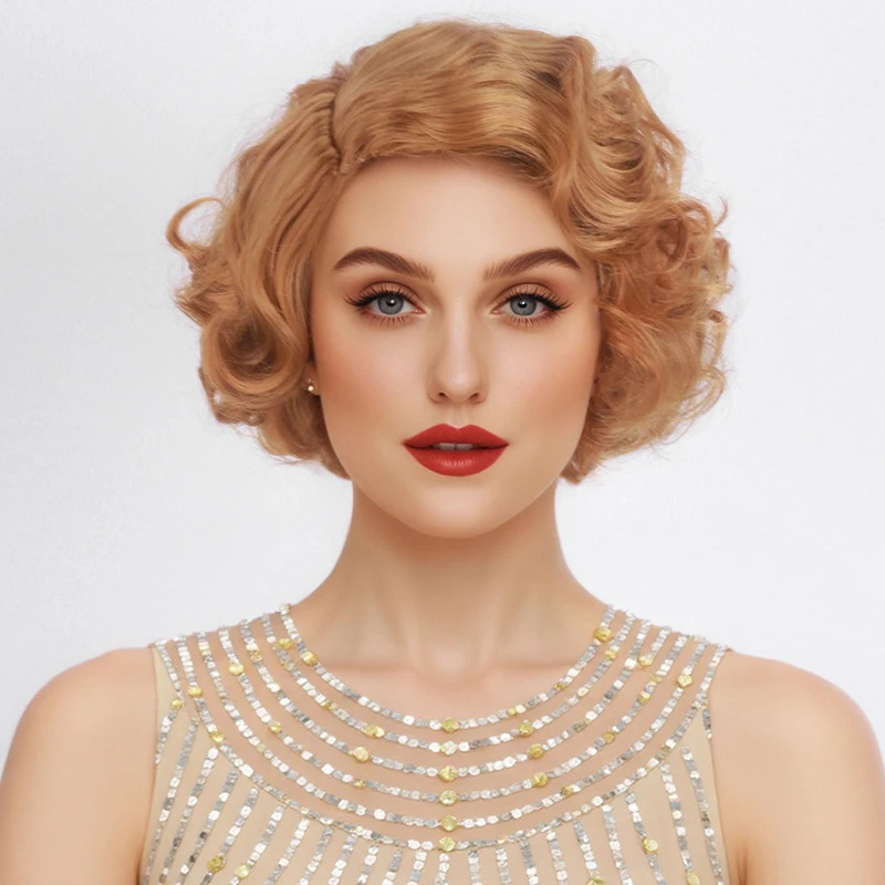 Women's vintage cheongsam wig with water wave texture, Marilyn Monroe style, realistic golden short curly hair from the Shanghai