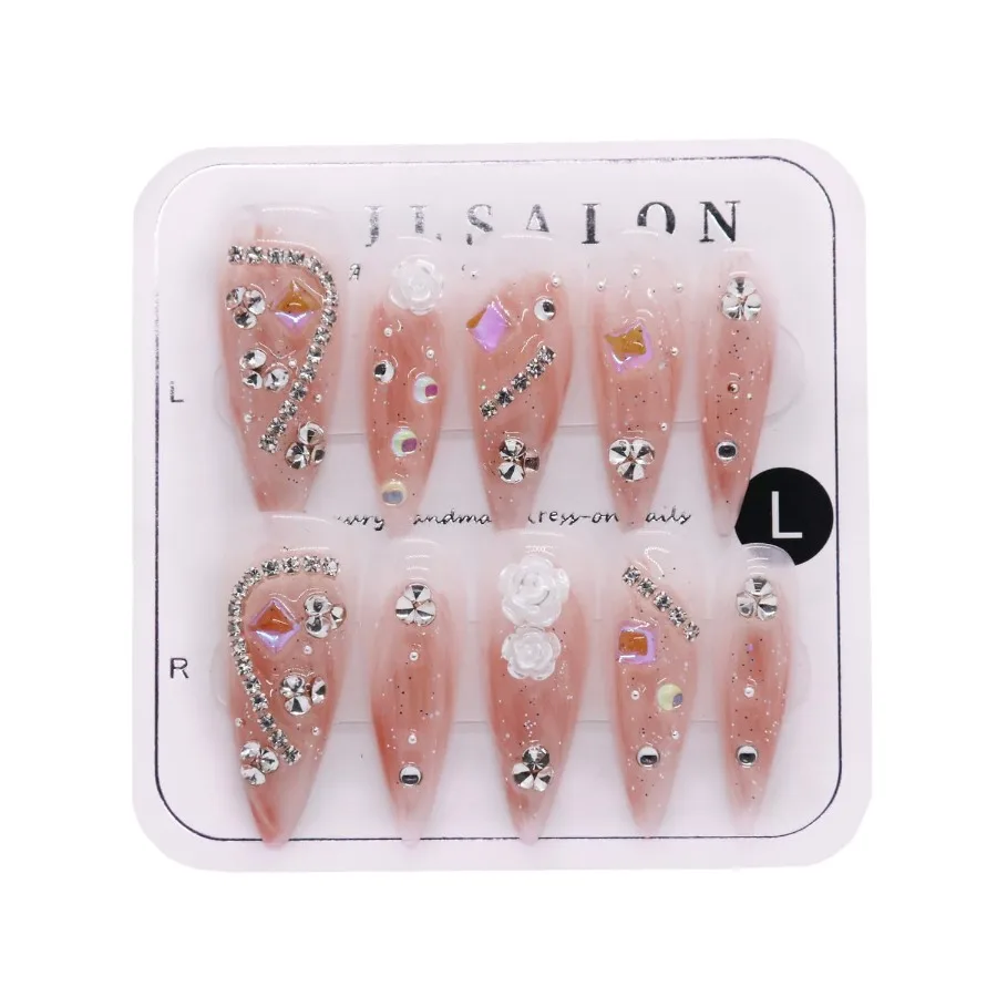 

Handmade Long Pointed Tip Pink Hand Painted Reusable Gel UV Finished Pre Shaped False Nails for Women 10pcs 3D Glitzadora Desig