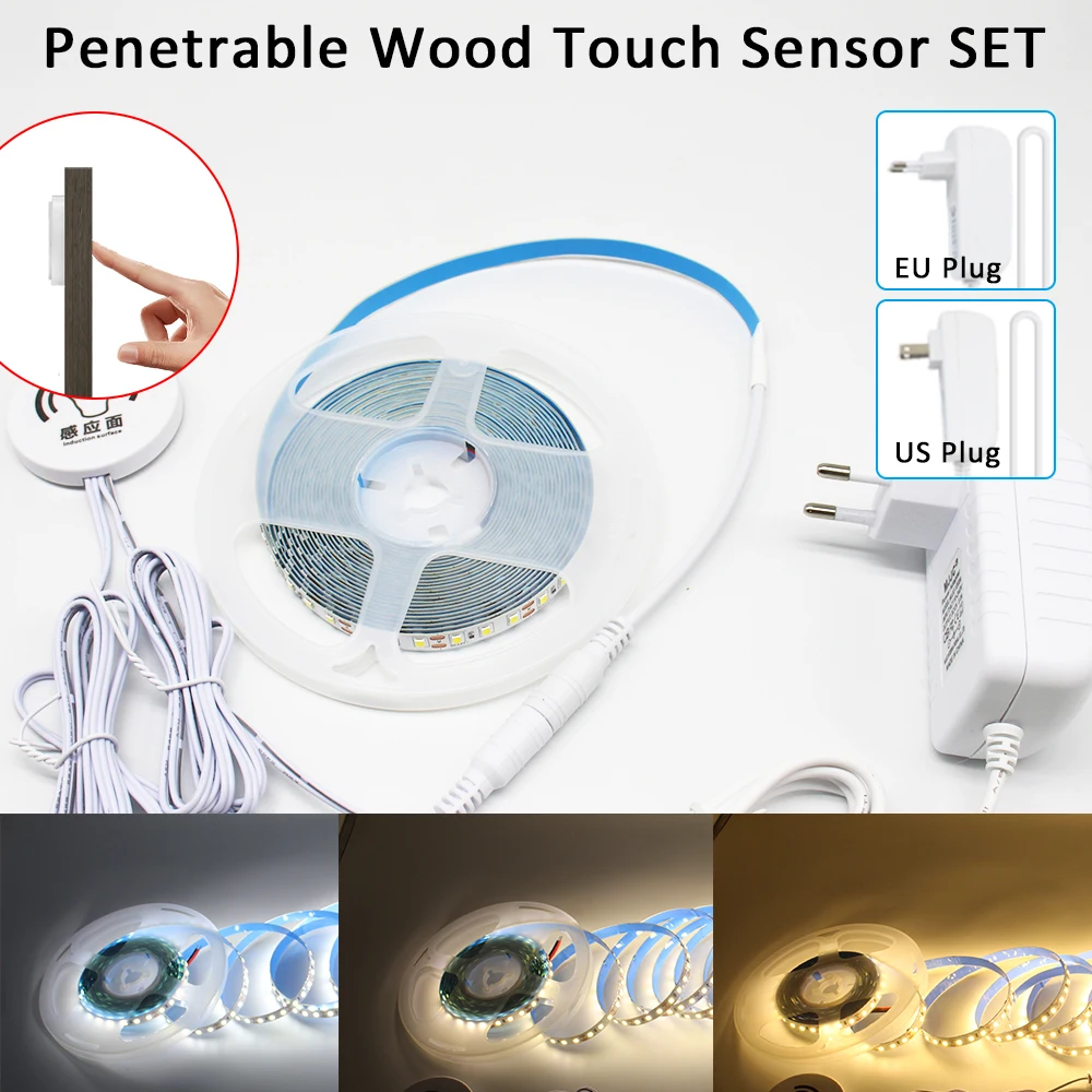 Penetrable Wood Touch Sensor LED Strip Light 12V 120LED EU 220V US 110V Hand Sweep Control Dim Tape Lamp Closet Cabinet Lighting