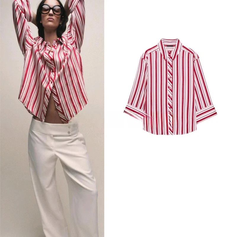 

Spring New Arrival Women's Commute Sle irt Long Sve Turn-down Collar Striped Cuff Single Row Multiple Buttons Loose Fit