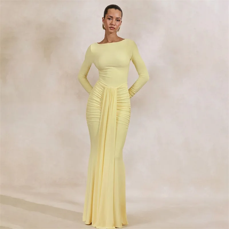 Yellow Prom Dress Sexy Long‑Sleeve Ruched Hip‑Hugging Mermaid Maxi Party Gown Slim Fit Draped Formal Evening Wedding Robe