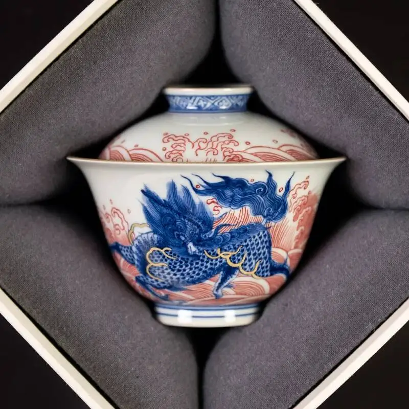Sacred Mountain Antique-Style Blue And White Underglaze Red Unicorn Gold-Painted Hand-Painted Jingdezhen Handmade Tea Set Gaiwan