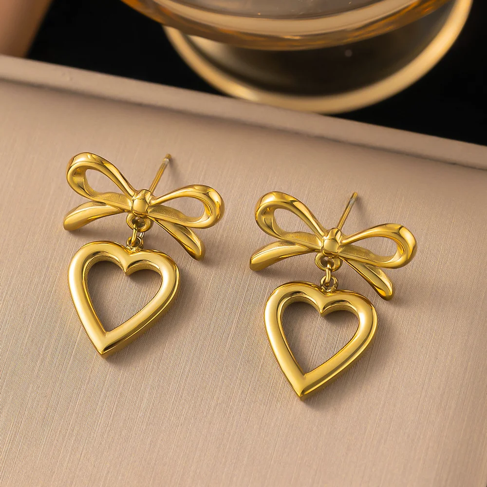 316L Stainless Steel New Fashion Fine Jewelry Minimalism Sweet Lovely Girls Style Bowknot Love Heart Stud Earrings For Women