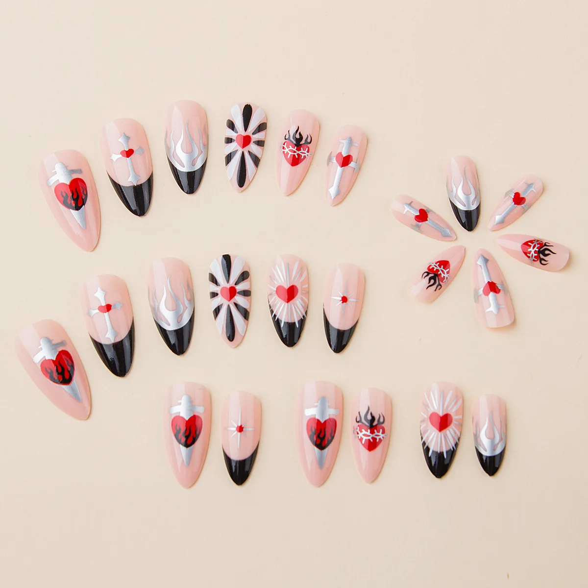 أظافر مزيفة قابلة لإعادة الاستخدام ، لوز لامع ، برتقالي ، أوراق هيكل عظمي ، ضغط قصير على الأظافر ، فرنسي ، لهيب أسود ، 24: