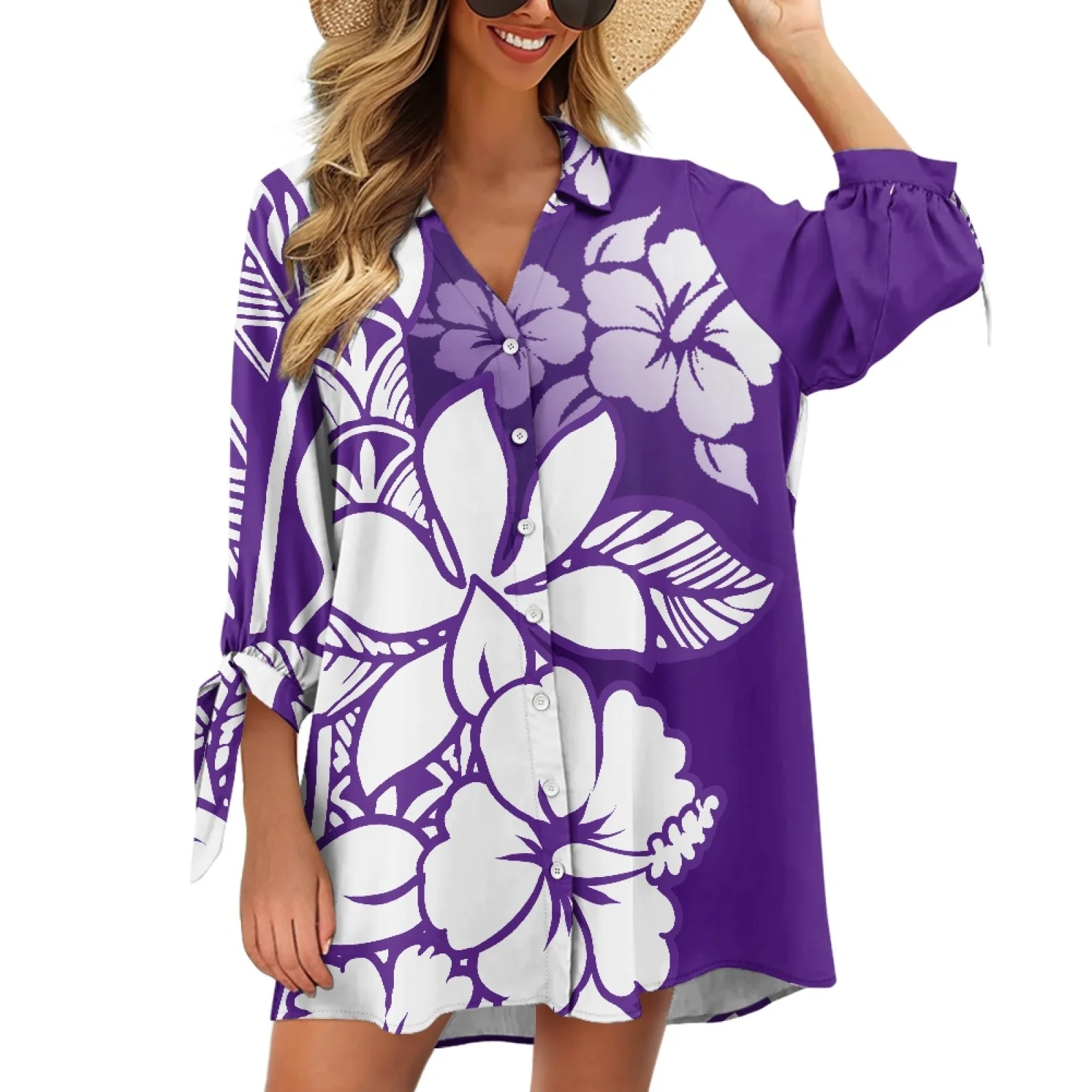 

Polynesian Tribal Printing Women's Three Quarter Sleeve Cardigan Shirt Sun Protection Jacket Long Sleeve Button Shirts Outdoor