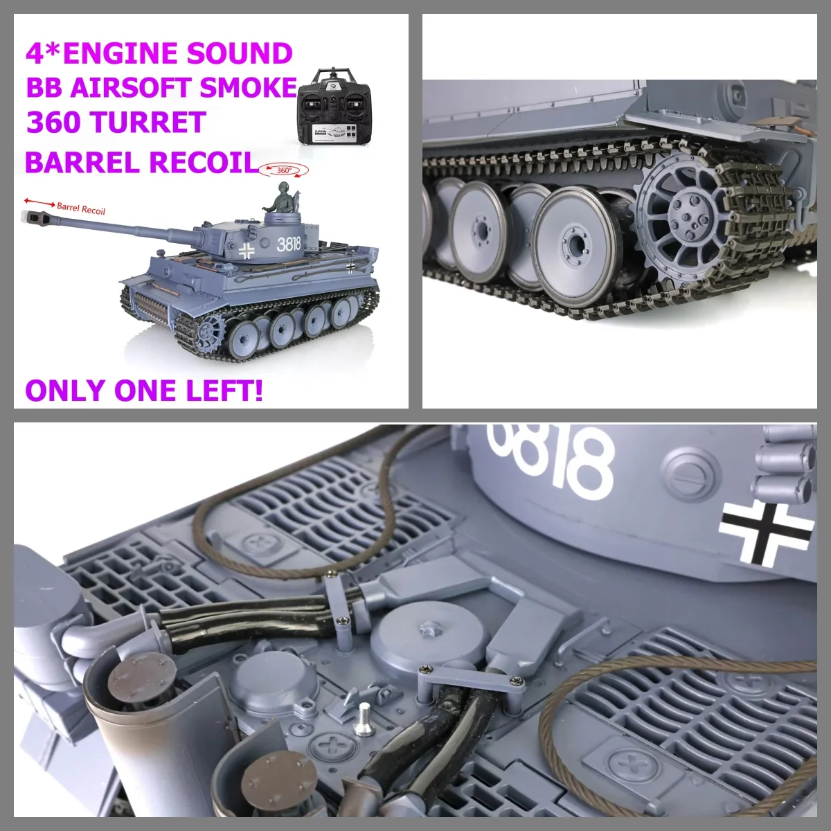 

Heng Long RC Tank Tiger I,1:16 Main Battle Tank Toy, BB Smoke Effect, Barrel Recoil, 4 Engine Sound Modification