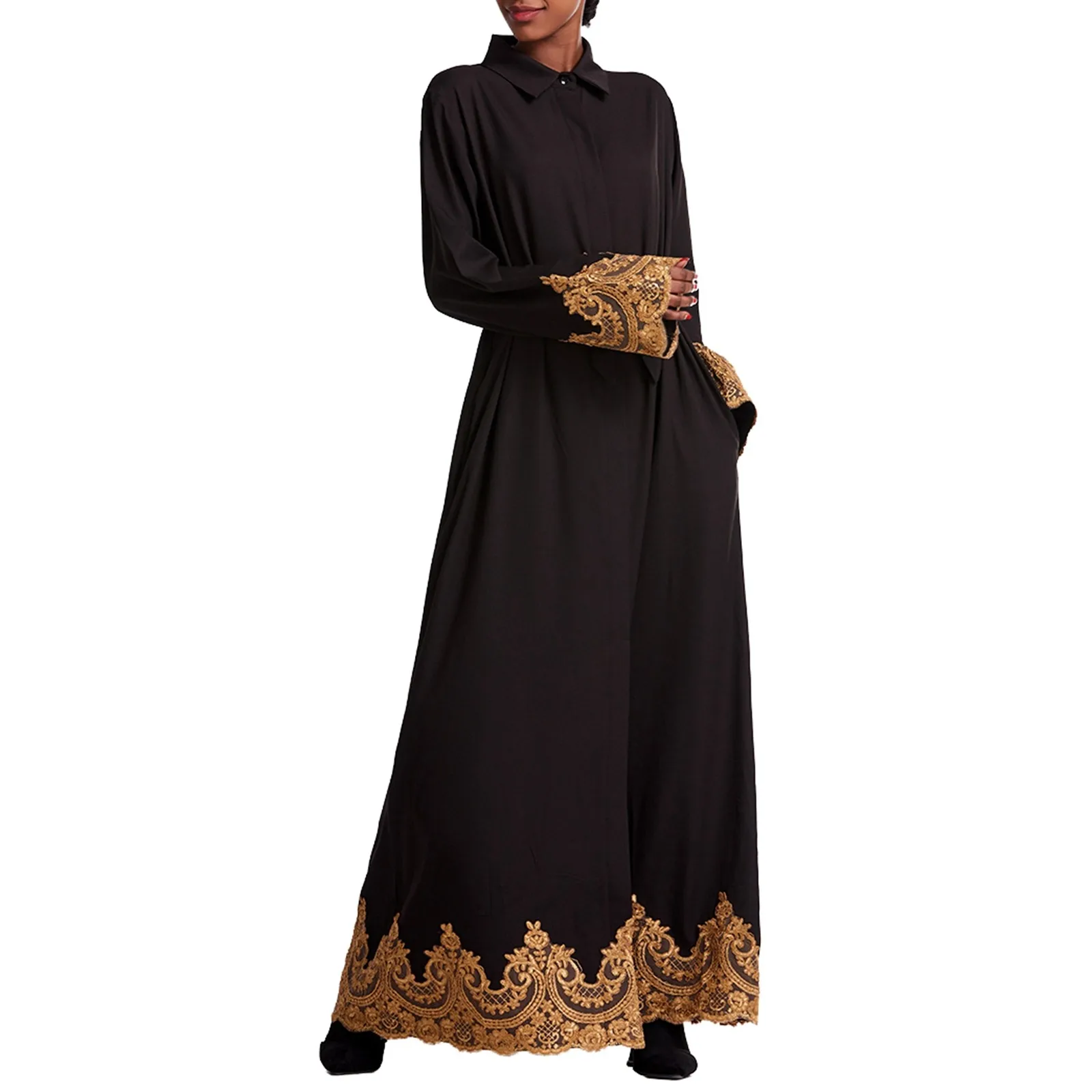 Arabische Geborduurde Jurk Kaftan Mode Moslim Vrouwen Abaya Afrikaanse Revers Lange Mouwen Indian Gewaad Dragen Een Set Van Casual Rok