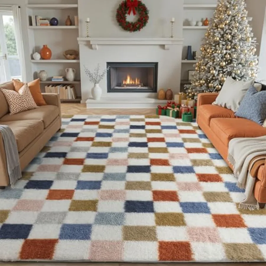 

Checkered Rug 6x9 for Living Room Modern Rainbown Shag Rug Washable Non-Slip Large Area Rug Super Soft Indoor Fuzzy Carpet Fluf