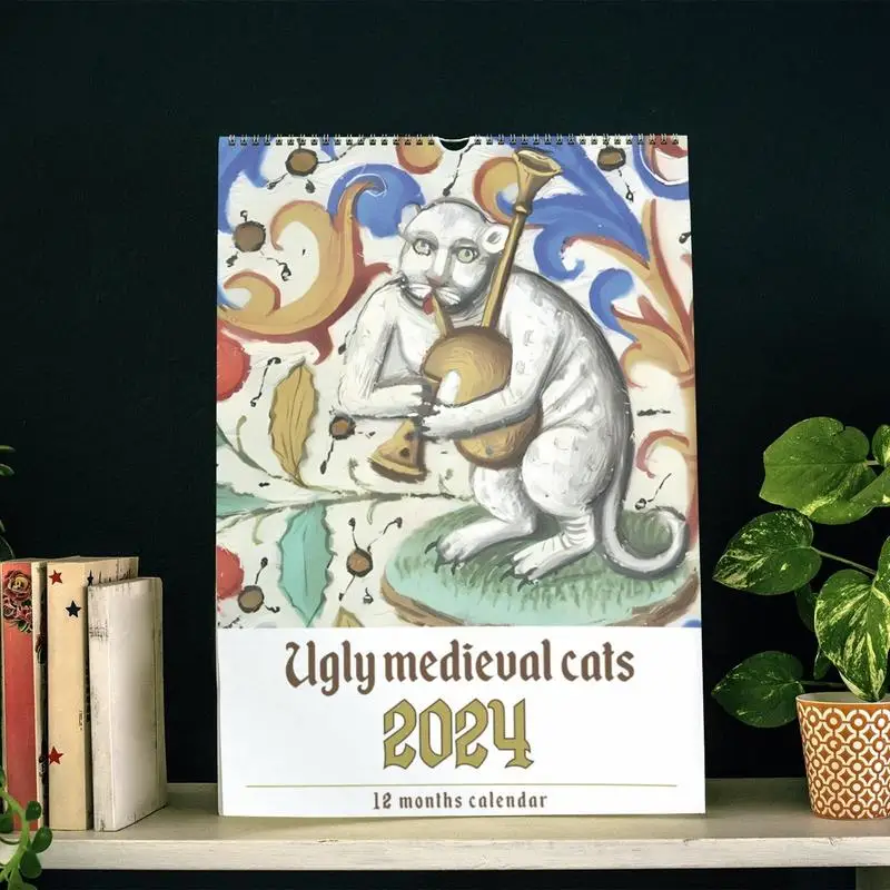 Brutto gatto medievale calendario da parete 2024 decorazione creativa di arte della parete gatti strani divertenti calendario mensile per il regalo di Capodanno