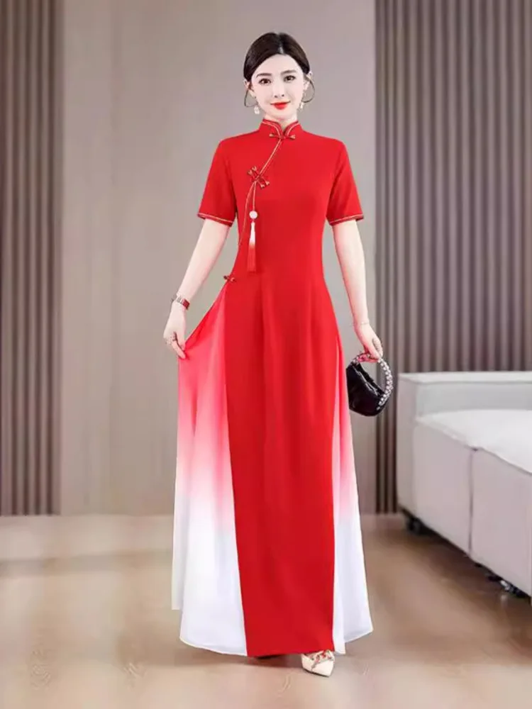 

Vintage Tie-Dye Patchwork Cheongsam Dress Slim Fit Mandarin Collar Short Sleeve Qipao Costume for Chinese Classical Dance Stage