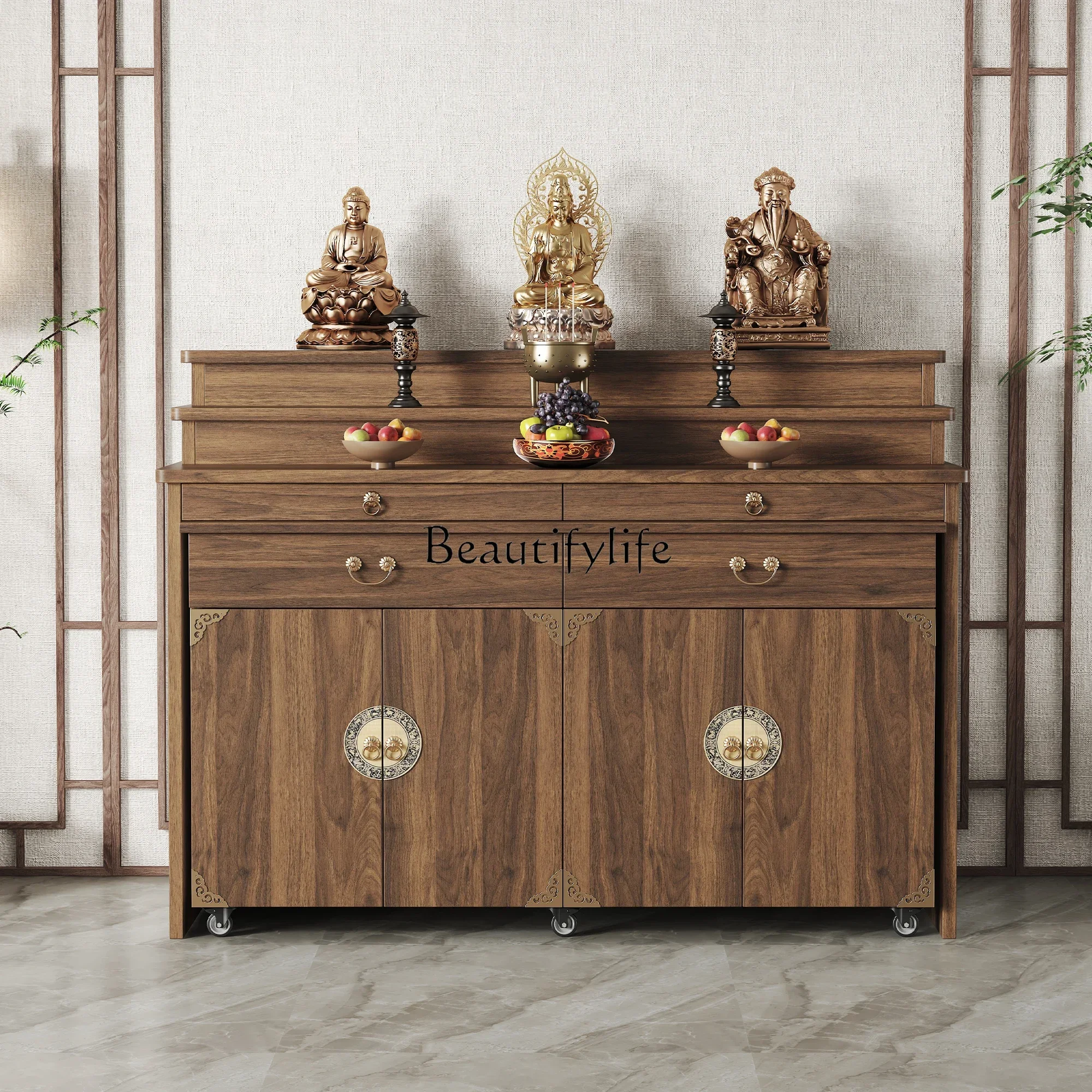 

LJYSolid wood God of Wealth Buddha cabinet supply table household multi-layer vertical cabinet