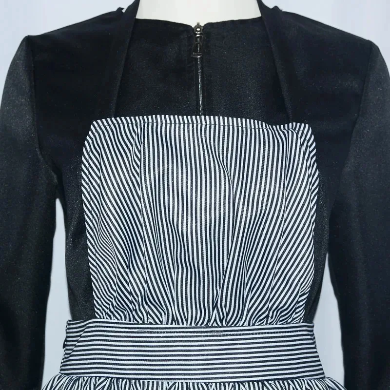 XT8Anime The Sound of Music Maria Cosplay Costumes Vertically Striped Apron Skirt Long Sleeve Black Ankle Length Dress for @XT6！