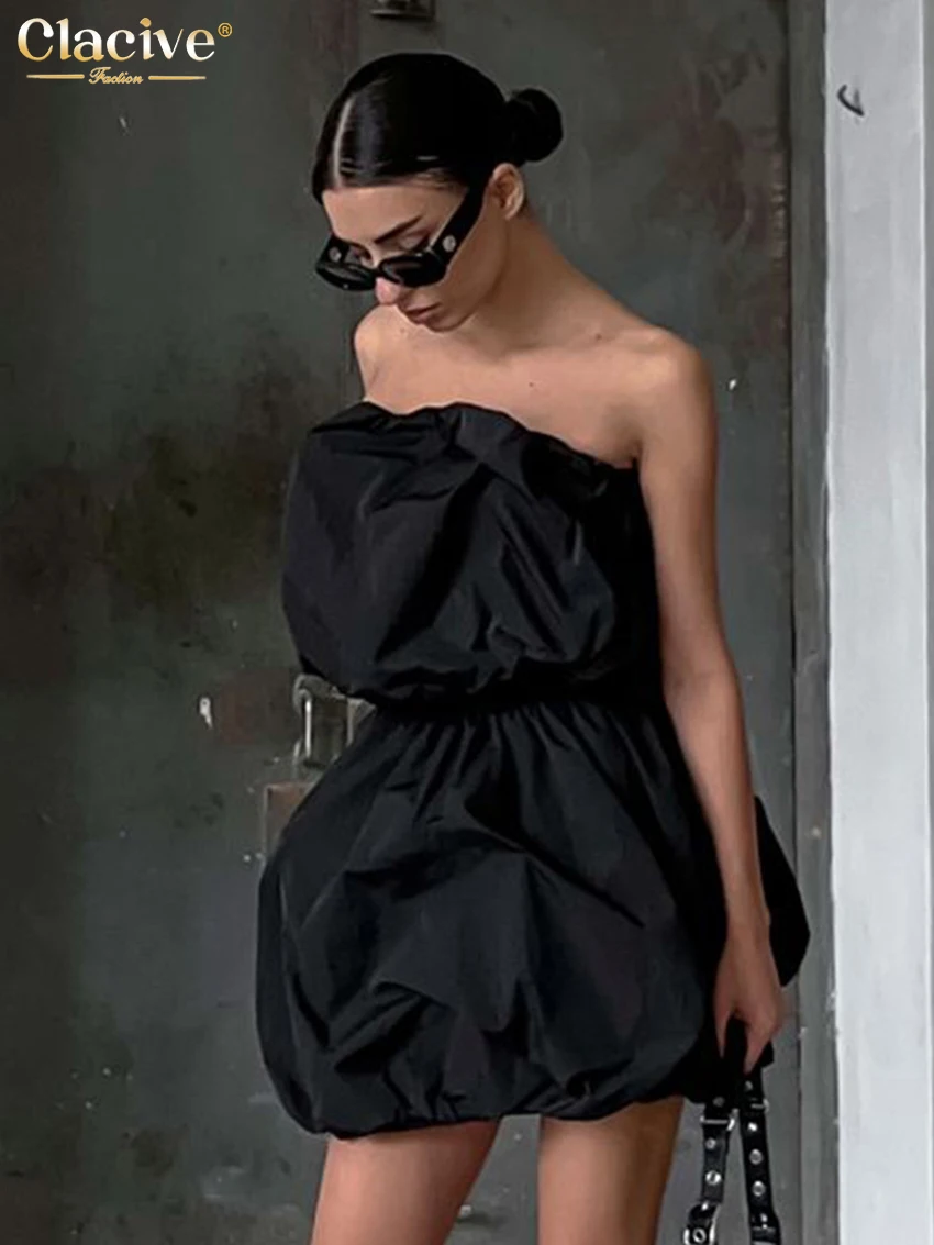 

Clacive Fashion Loose Black Women's Dress 2024 Summer Strapless Sleeveless Mini Dresses Elegant Highh Waist Pleated Female Dress