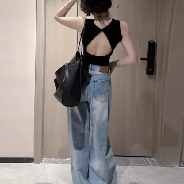 Jean rétro taille haute à jambes larges pour femmes, Design avec trou sens, Denim droit en coton extensible, résistant aux déchirures, coupe ample, printemps