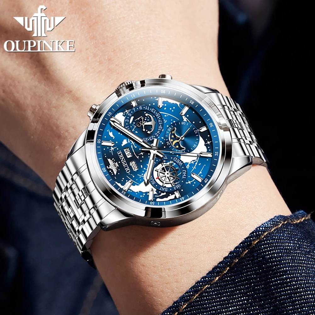 OUPINKE 3256 Orologio da uomo Luxury Brand Cielo stellato Fasi lunari Orologio impermeabile Cool Orologio meccanico automatico da uomo Orologio formale