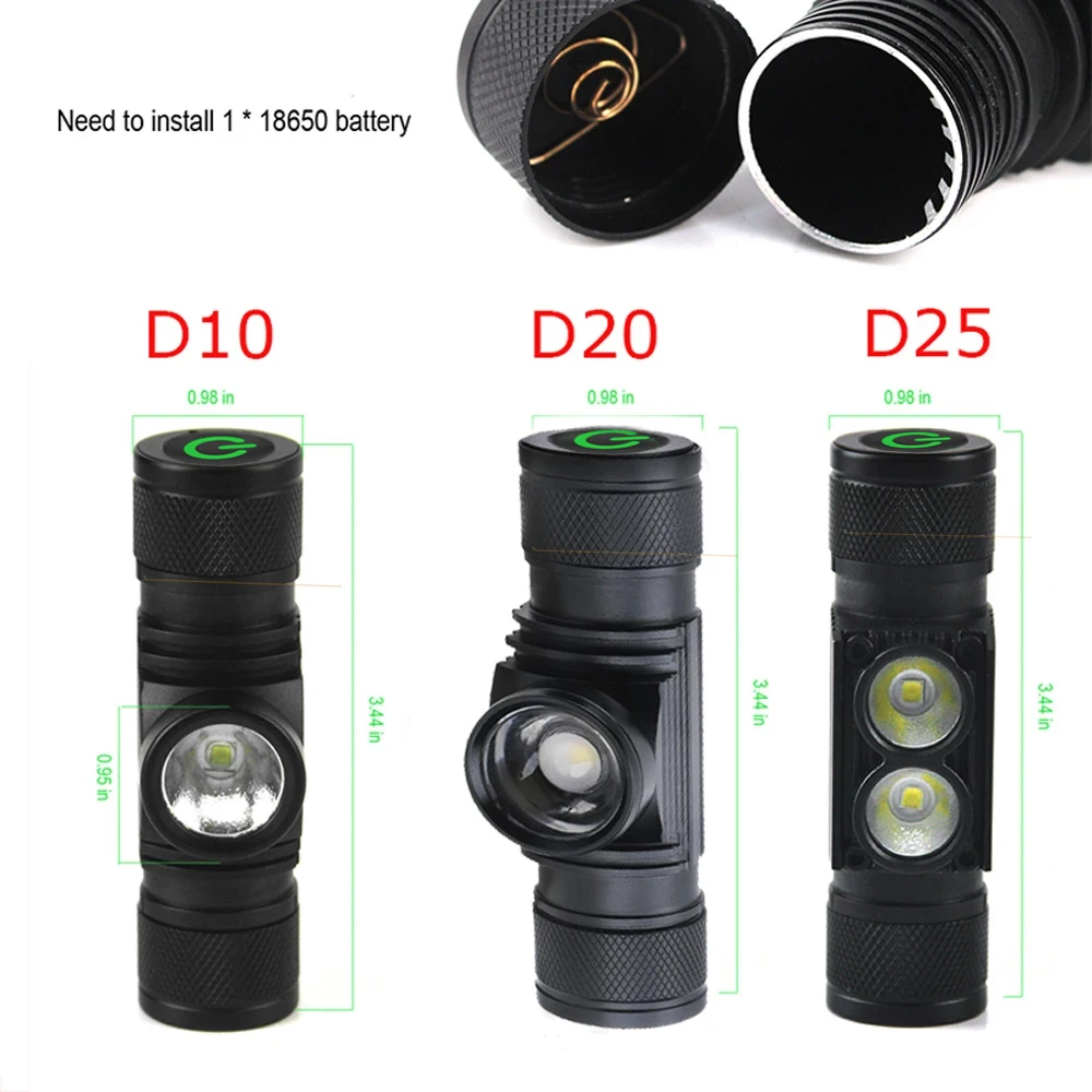 BORUiT D10/D20 Powerful LED Headlamp 18650 Battery Rechargeable Headlight Tiki Work Torch for Fishing Camping Head Flashlight