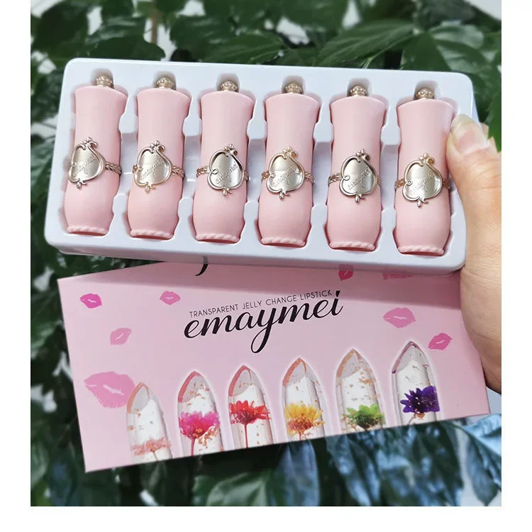 6-teiliges Make-up-Lippenstift-Set, trockene Blume, Gelee, kristallklar, langlebig, feuchtigkeitsspendende Lippen, Farbwechsel, rosa Lipgloss, Kosmetik